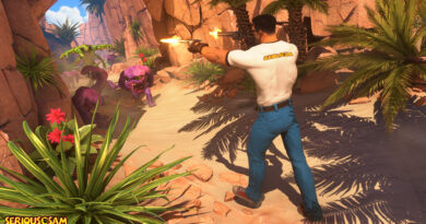 Sam Stone firing dual pistols at purple horned enemies in an oasis canyon in Serious Sam: The Third Encounter