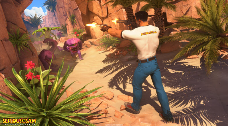 Sam Stone firing dual pistols at purple horned enemies in an oasis canyon in Serious Sam: The Third Encounter