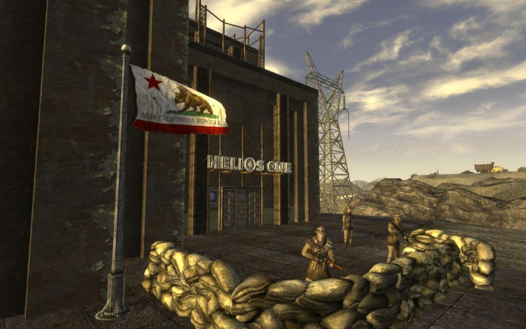 A New California Republic outpost with the NCR flag in the Mojave Wasteland in Fallout: New Vegas