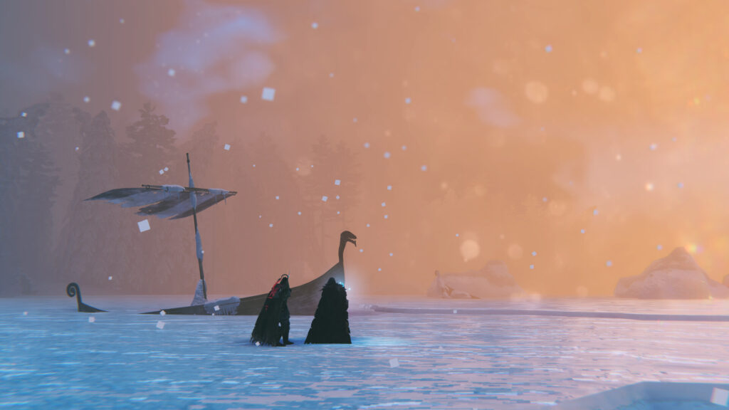 Valheim 1.0 longship in a snowstorm near the frozen sea of the Deep North