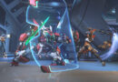 An Overwatch team fight with D.Va in her mech clashing against enemy heroes