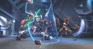 An Overwatch team fight with D.Va in her mech clashing against enemy heroes