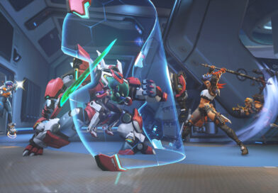An Overwatch team fight with D.Va in her mech clashing against enemy heroes