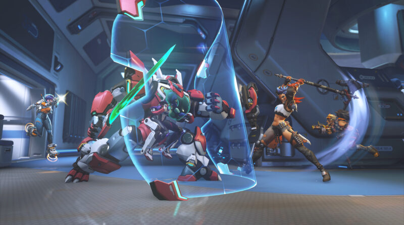An Overwatch team fight with D.Va in her mech clashing against enemy heroes