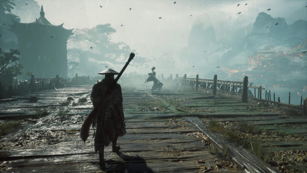 Phantom Blade Zero graphics settings, Soul walking across a misty wooden bridge toward a distant pagoda