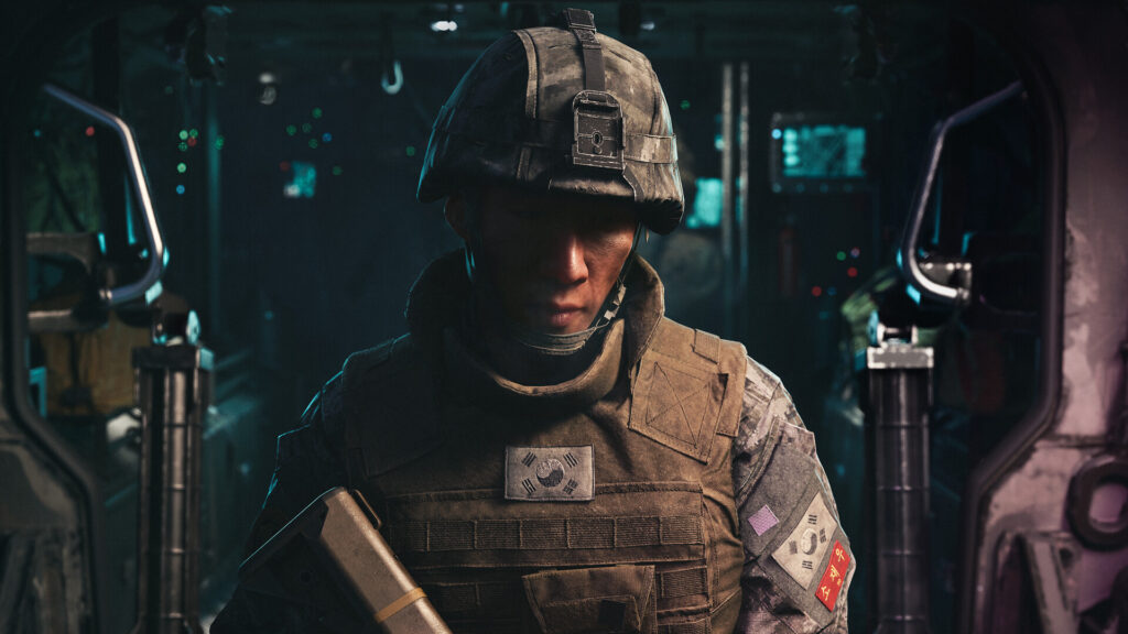 Modern Warfare 4 PS5 and Xbox settings, a South Korean soldier inside a dimly lit vehicle