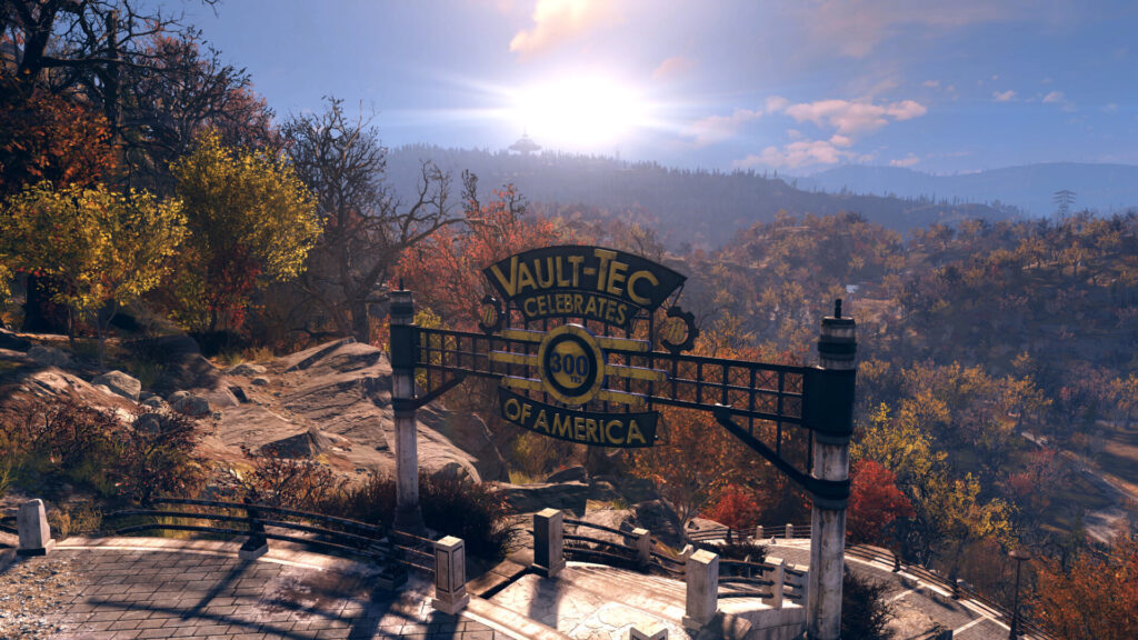Vault 76 dwellers explore the autumn landscape of Appalachia in Fallout 76