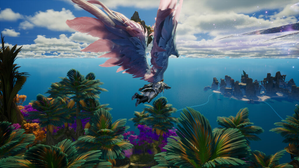 AION 2 player flying with wings over a tropical coast in Atreia
