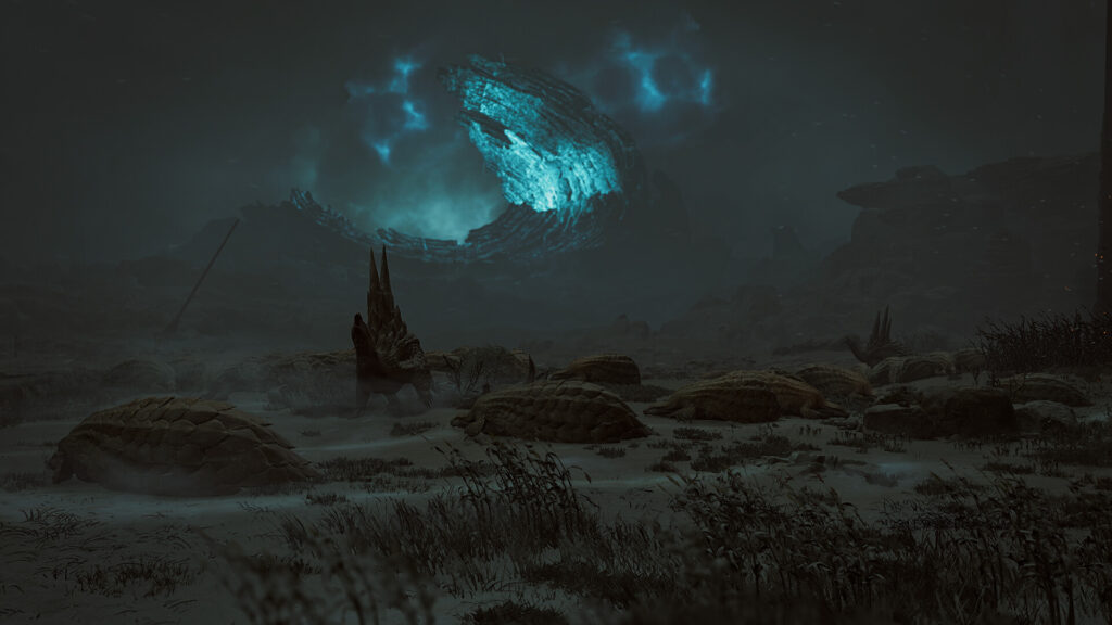 A glowing storm gathers over the Windward Plains during an Inclemency in Monster Hunter Wilds