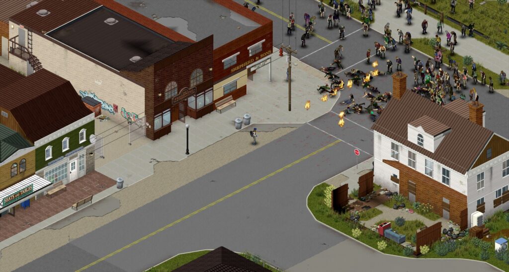 Project Zomboid town street with a large zombie horde next to houses and shops