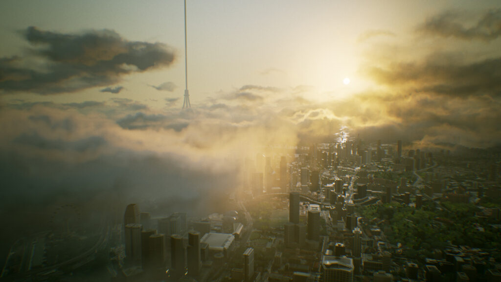 A city skyline at sunset with a towering structure in Ace Combat 7: Skies Unknown