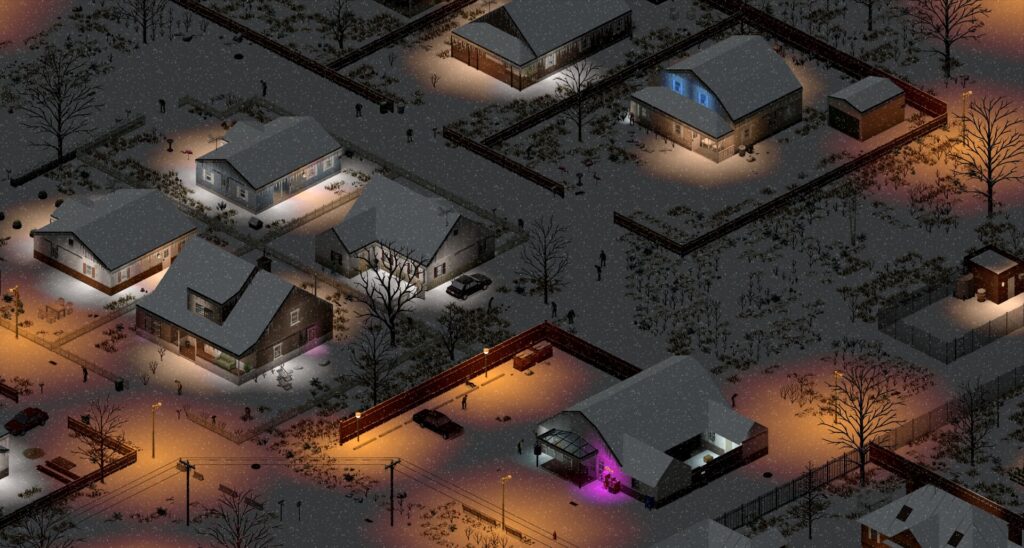 Snowy Project Zomboid neighborhood at night with lit houses and roads in Knox Country