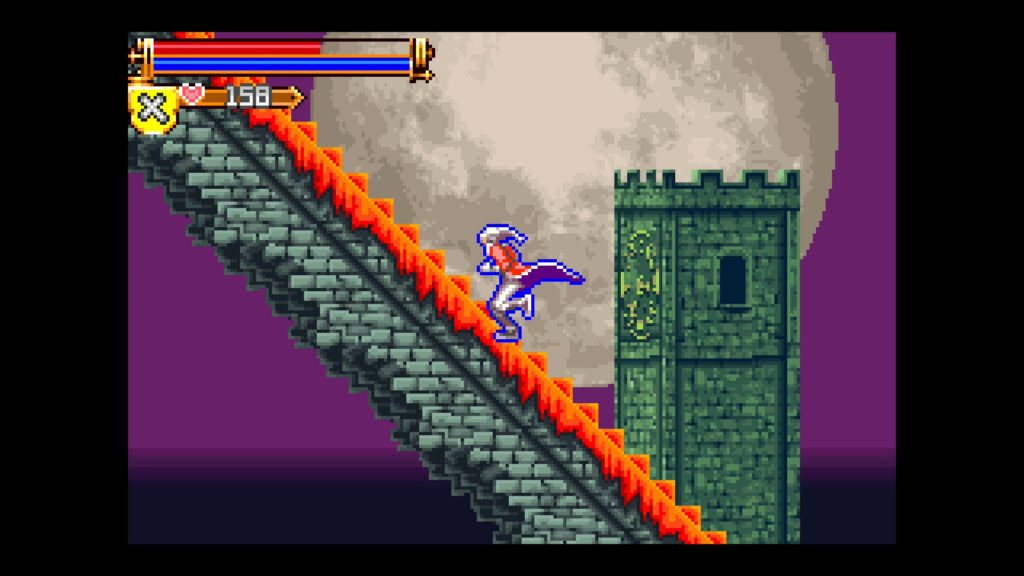 A vampire hunter climbing a castle staircase under a full moon in the Castlevania Advance Collection