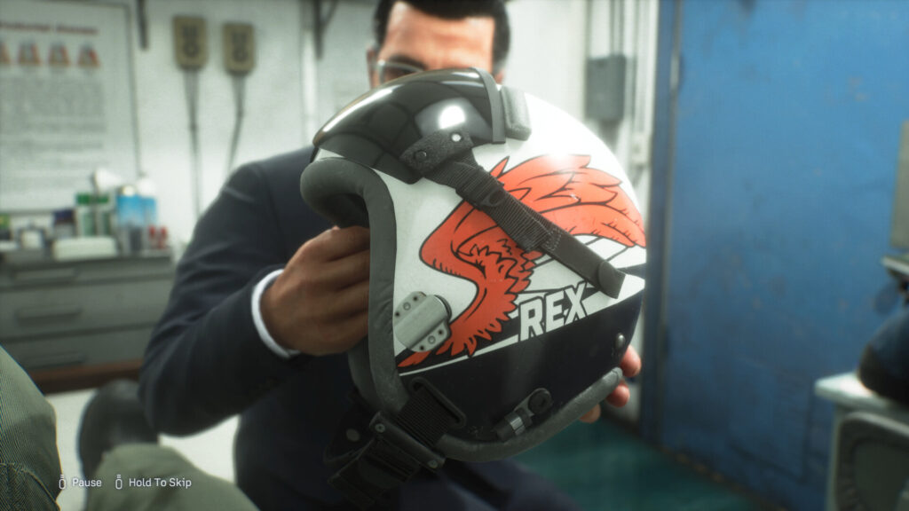 A flight helmet marked Rex in Ace Combat 8: Wings of Theve