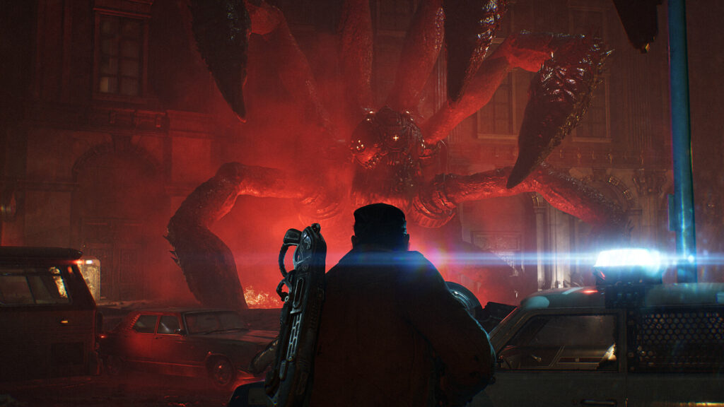 A giant Locust creature attacks a city street in Gears of War: E-Day
