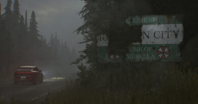 A weathered Welcome to Raccoon City, Home of Umbrella road sign in Resident Evil Requiem