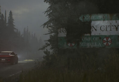 A weathered Welcome to Raccoon City, Home of Umbrella road sign in Resident Evil Requiem