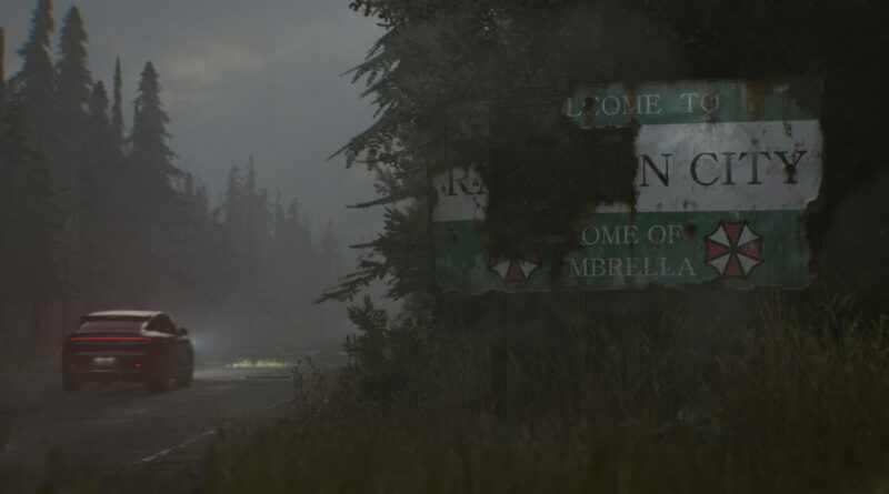 A weathered Welcome to Raccoon City, Home of Umbrella road sign in Resident Evil Requiem