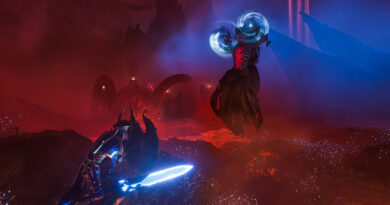 Enshrouded player with a glowing blue sword facing a floating Shroud caster in a lava-filled red landscape