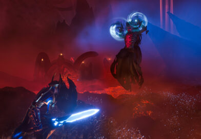Enshrouded player with a glowing blue sword facing a floating Shroud caster in a lava-filled red landscape