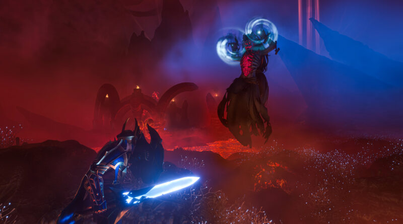 Enshrouded player with a glowing blue sword facing a floating Shroud caster in a lava-filled red landscape