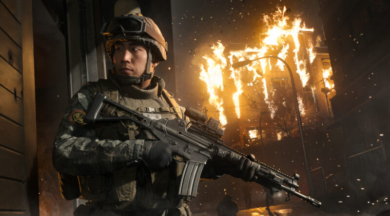 Modern Warfare 4 best settings, a soldier aiming his rifle in front of a burning building