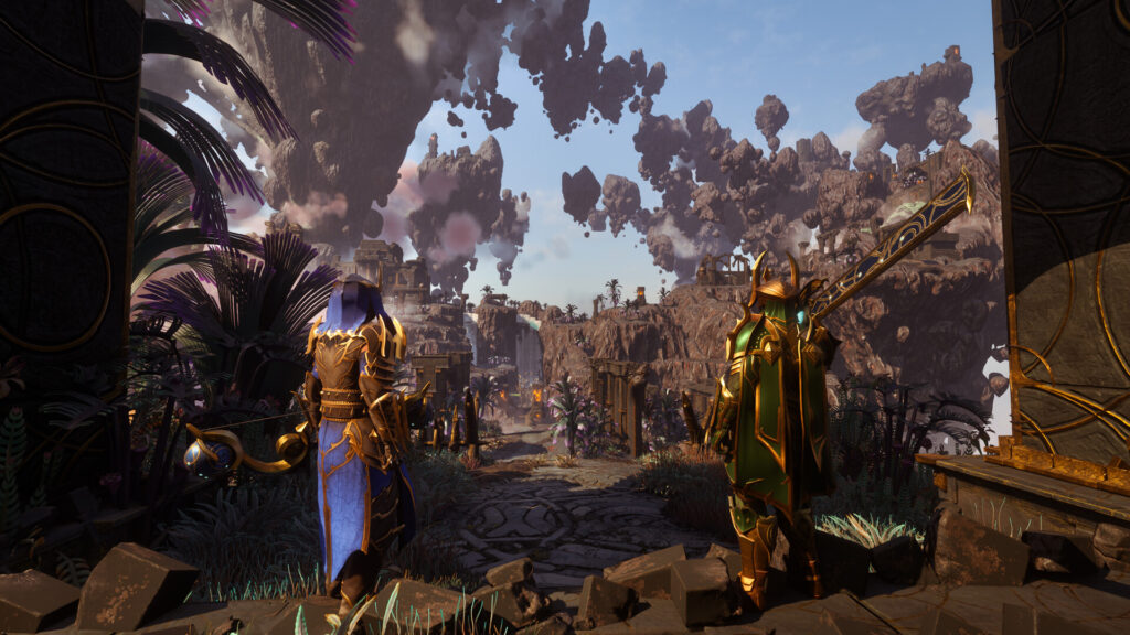 Two Enshrouded players walking through ruins toward floating rock islands in the sky