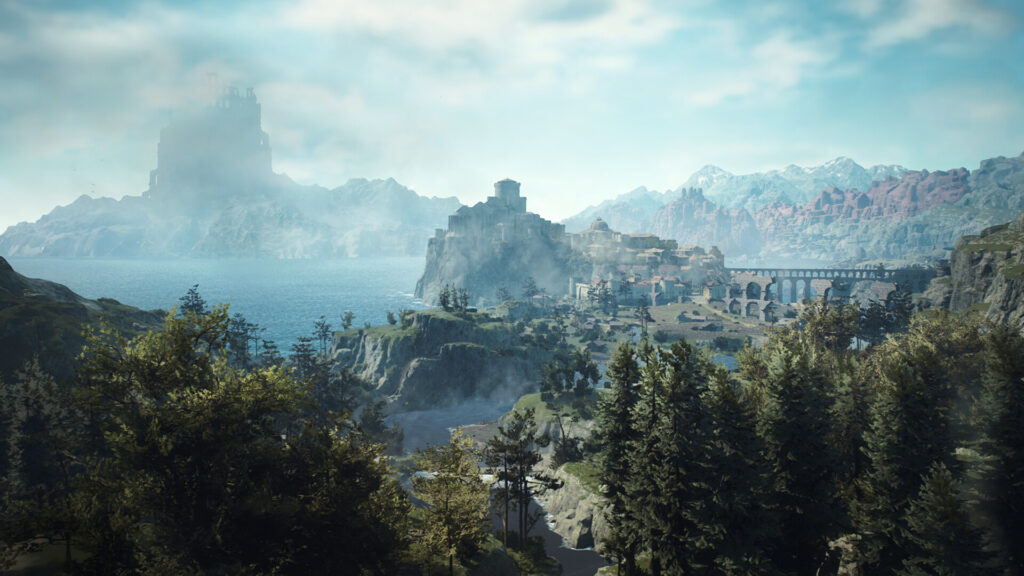 A coastal landscape with a castle and distant mountains in Dragon's Dogma 2