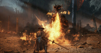 Phantom Blade Zero best PC settings, Soul standing in front of a burning village with fire and smoke lighting