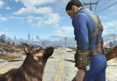 The Sole Survivor in a Vault 111 jumpsuit walks with Dogmeat through the ruined Commonwealth in Fallout 4