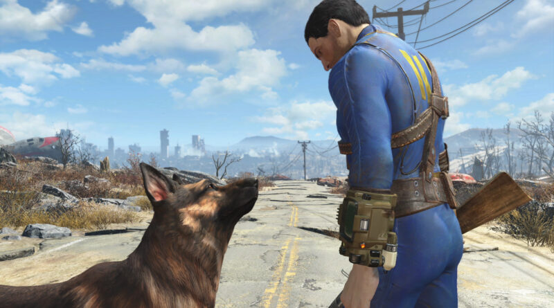 The Sole Survivor in a Vault 111 jumpsuit walks with Dogmeat through the ruined Commonwealth in Fallout 4