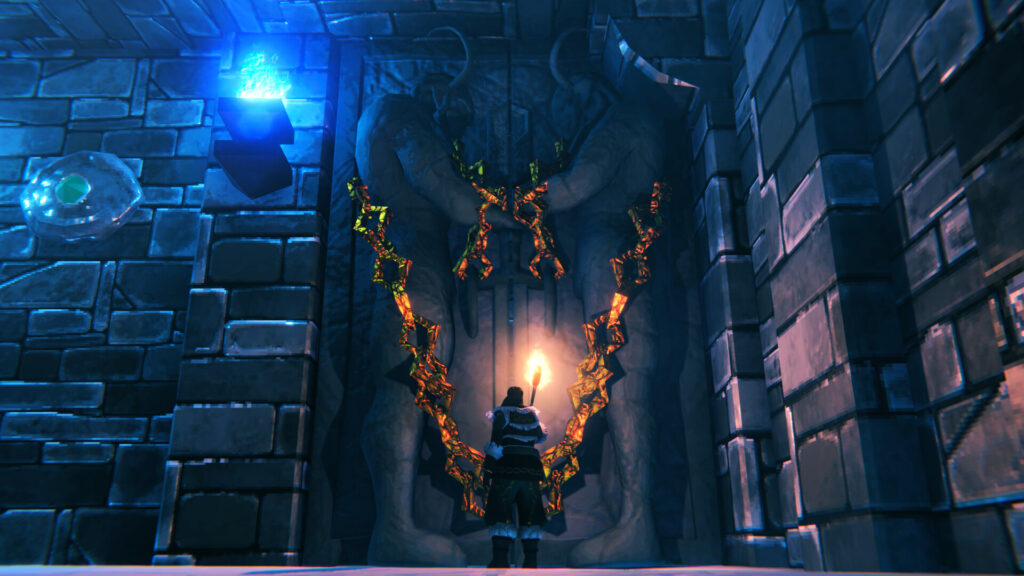 Valheim 1.0 Viking standing in front of an ornate gate inside a stone dungeon