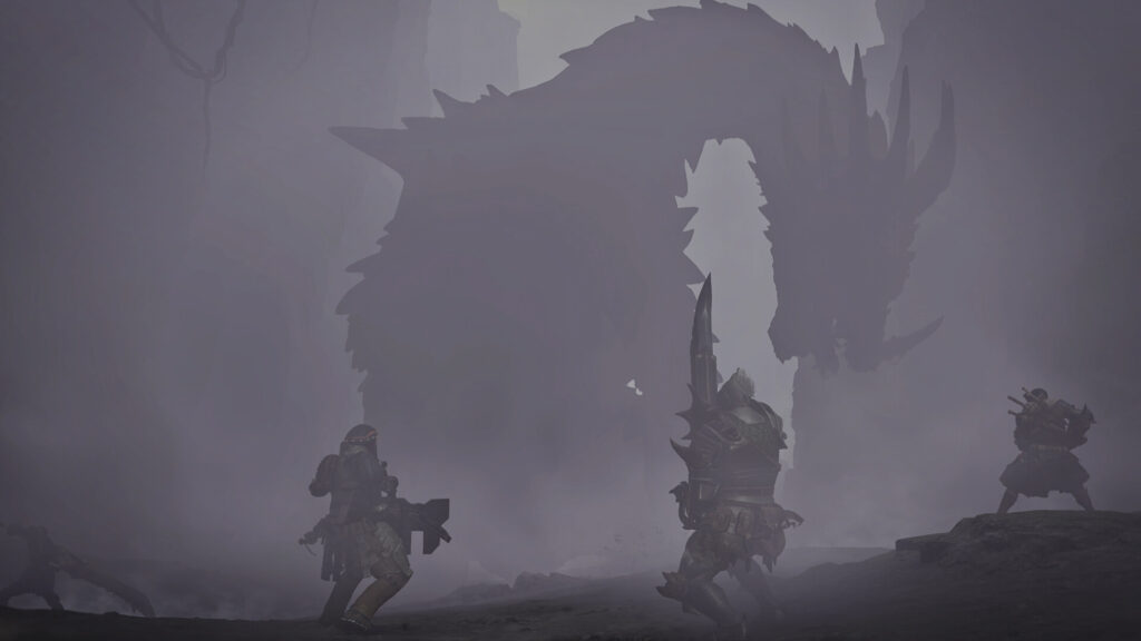 A hunter faces the giant silhouette of Lao-Shan Lung in the fog in Monster Hunter Wilds: Ascendance