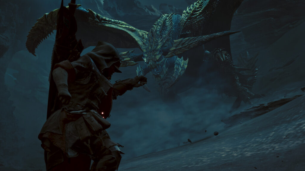 A hunter stands before a massive monster in a dark cavern in Monster Hunter Wilds