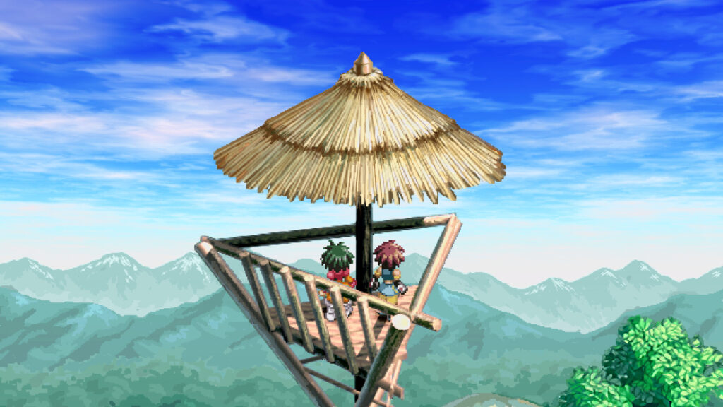 Reid and Farah on the lookout tower near Rasheans in Tales of Eternia Remastered