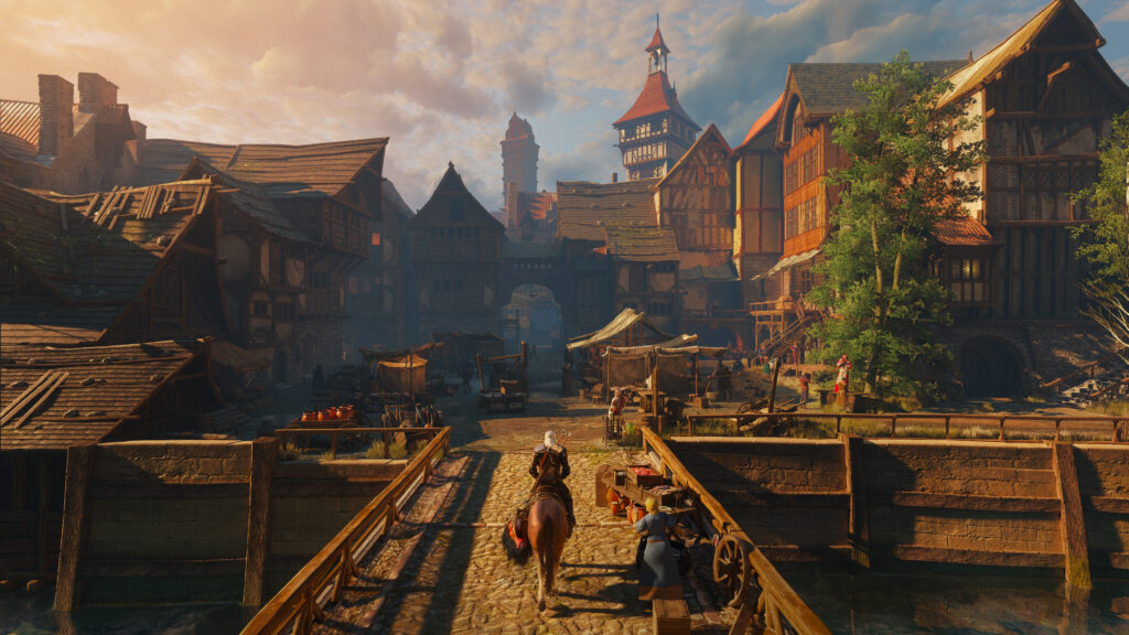 The Witcher 3 Wild Hunt Remastered best settings PC screenshot of a sunlit harbor town
