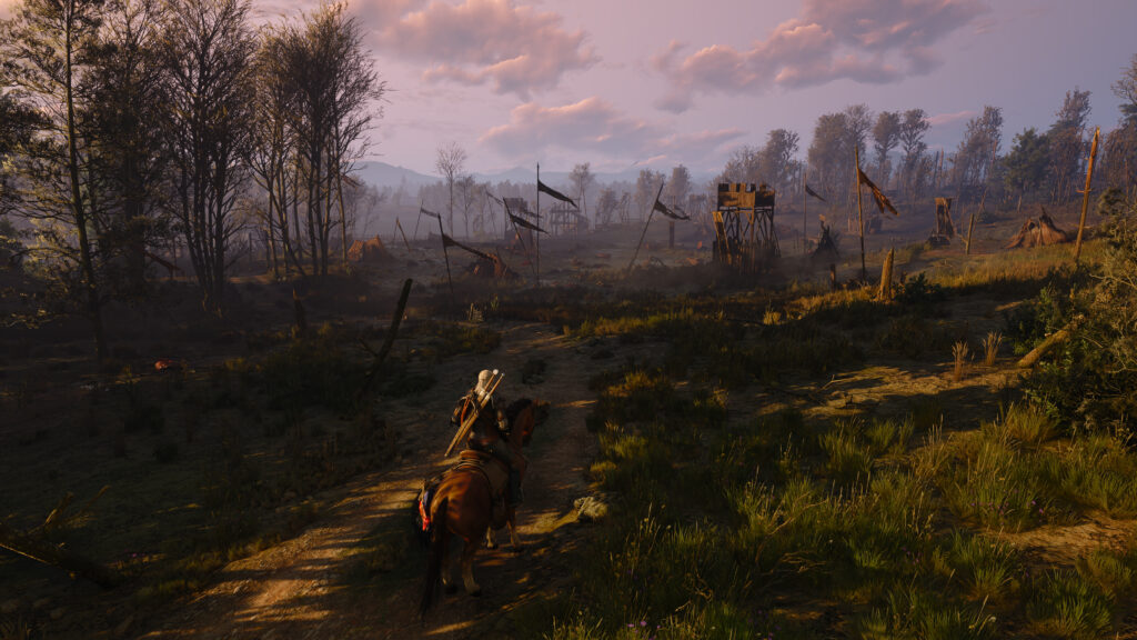 Geralt rides through a field at sunset in The Witcher 3 Remastered with optimized graphics settings
