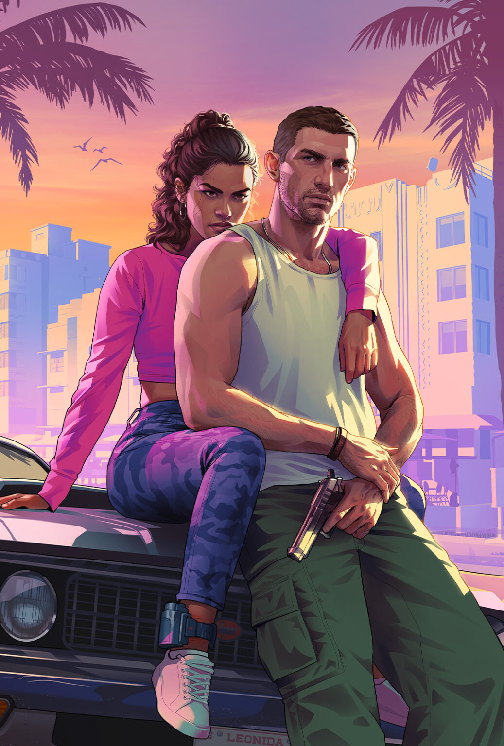 Grand Theft Auto VI official key art showing Jason and Lucia in front of a Vice City sunset